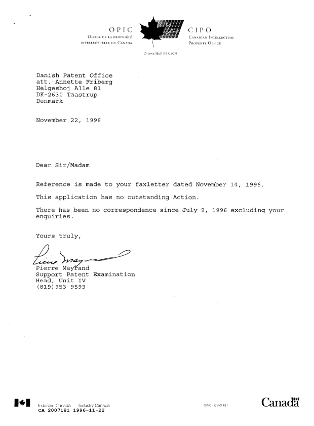 Canadian Patent Document 2007181. Office Letter 19961122. Image 1 of 1