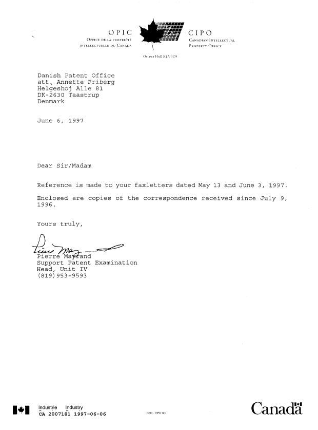 Canadian Patent Document 2007181. Office Letter 19970606. Image 1 of 7