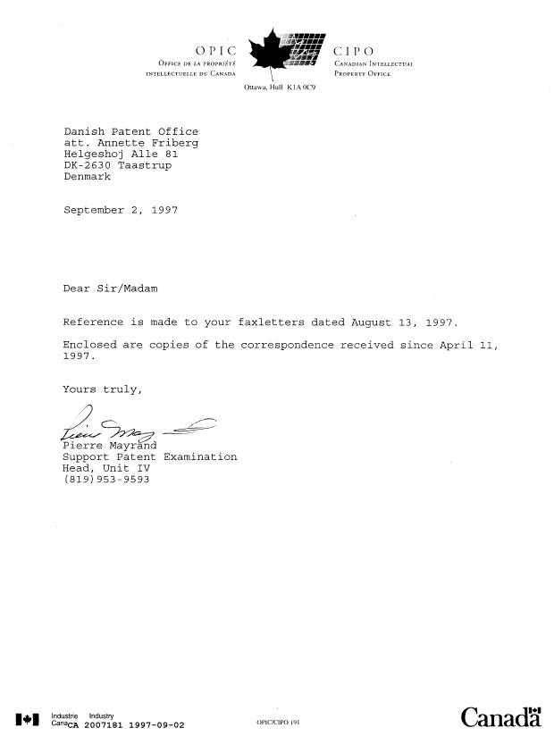 Canadian Patent Document 2007181. Office Letter 19970902. Image 1 of 3