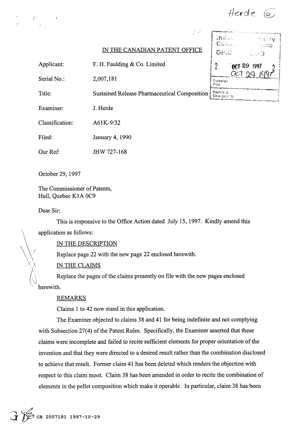 Canadian Patent Document 2007181. Prosecution Correspondence 19971029. Image 1 of 2