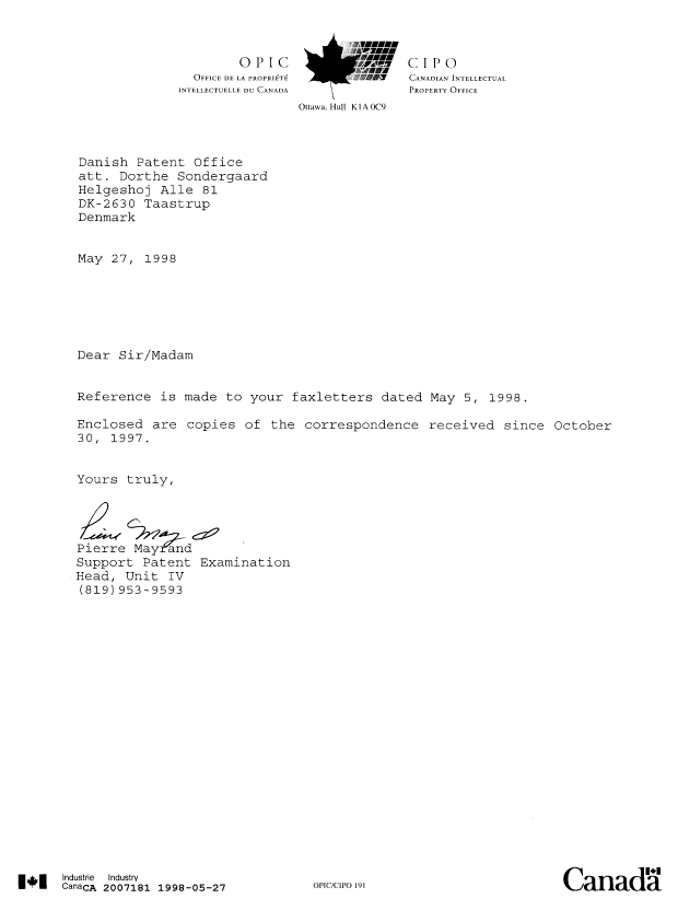Canadian Patent Document 2007181. Office Letter 19980527. Image 1 of 6