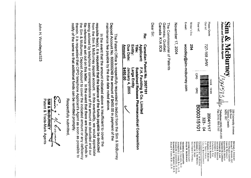 Document de brevet canadien 2007181. Taxes 20031217. Image 1 de 1