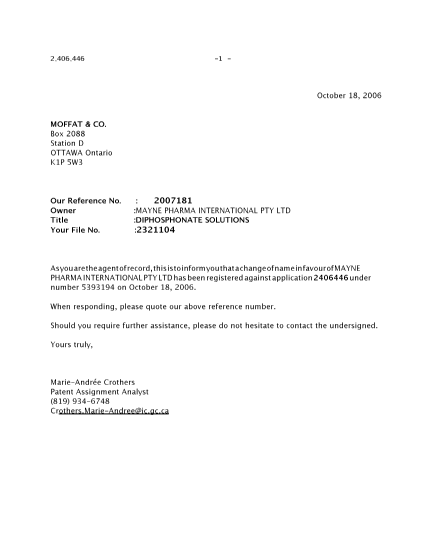 Canadian Patent Document 2007181. Correspondence 20061018. Image 1 of 1