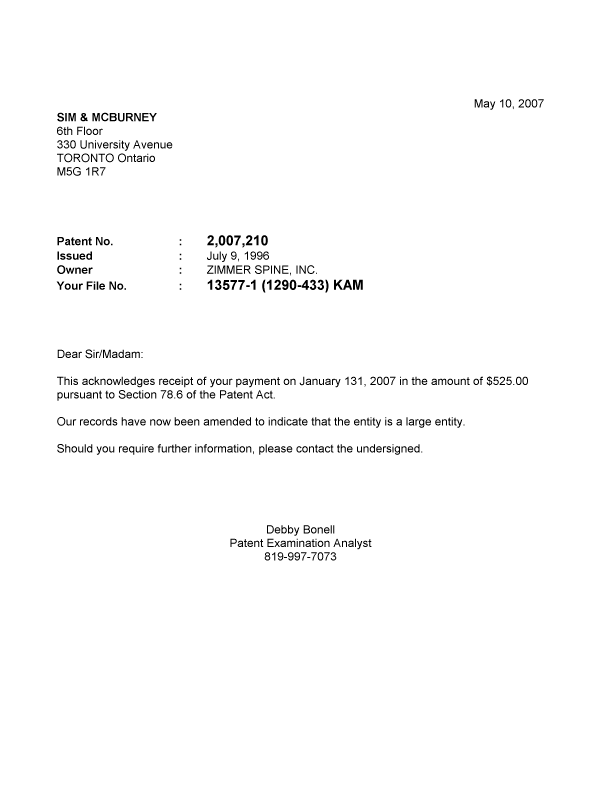 Document de brevet canadien 2007210. Correspondance 20070510. Image 1 de 1