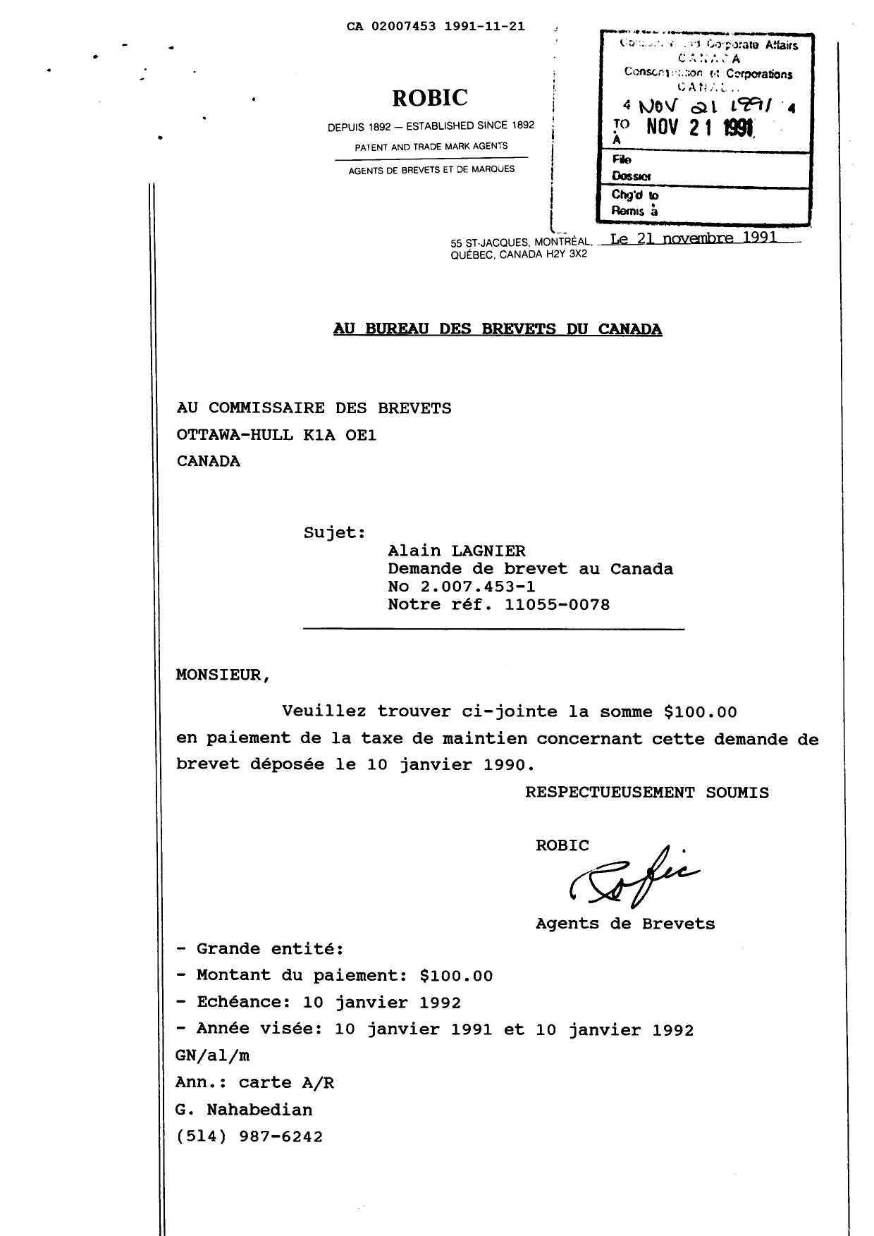 Canadian Patent Document 2007453. Fees 19911121. Image 1 of 1