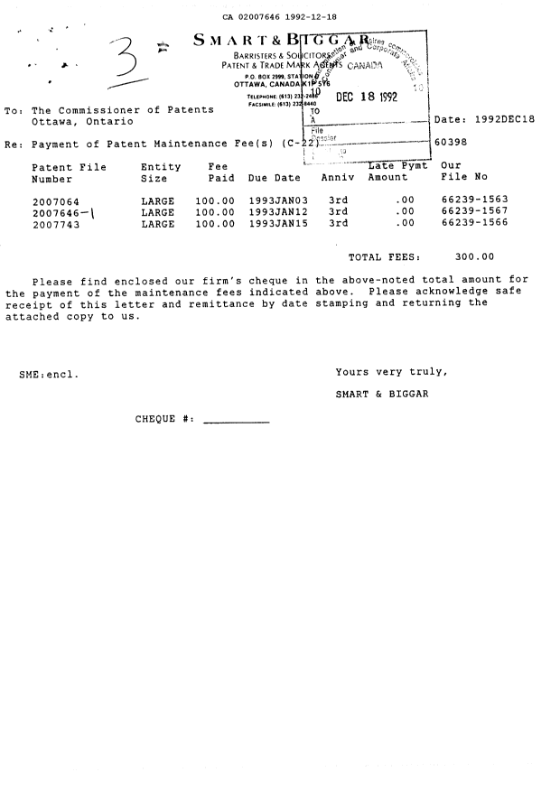 Canadian Patent Document 2007646. Fees 19921218. Image 1 of 1
