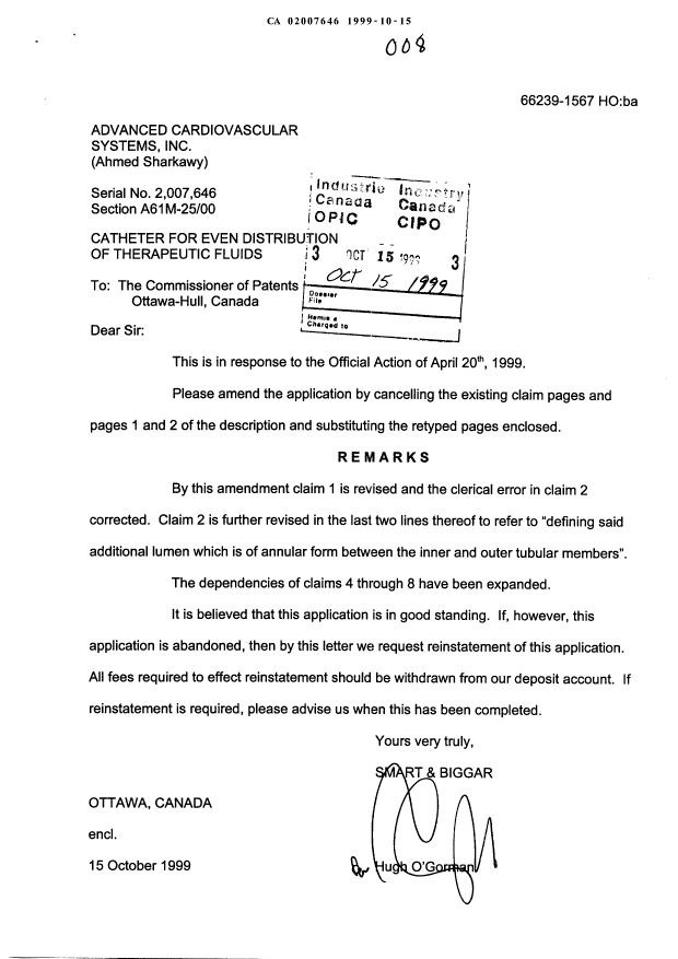 Canadian Patent Document 2007646. Prosecution-Amendment 19991015. Image 1 of 5