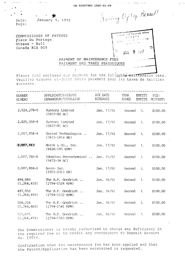Document de brevet canadien 2007983. Taxes 19920109. Image 1 de 1
