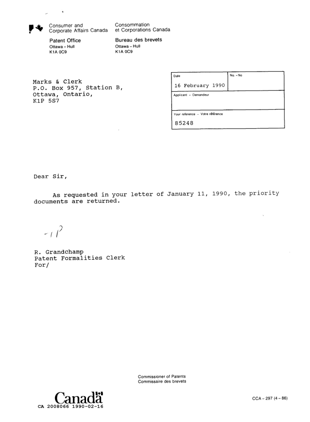 Canadian Patent Document 2008066. Office Letter 19900216. Image 1 of 1