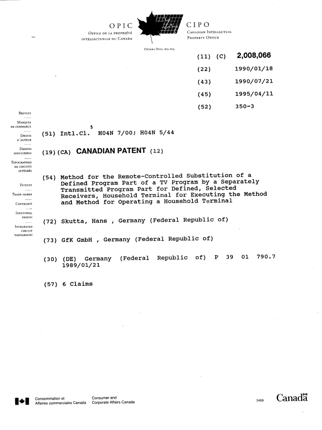 Document de brevet canadien 2008066. Page couverture 19950411. Image 1 de 1