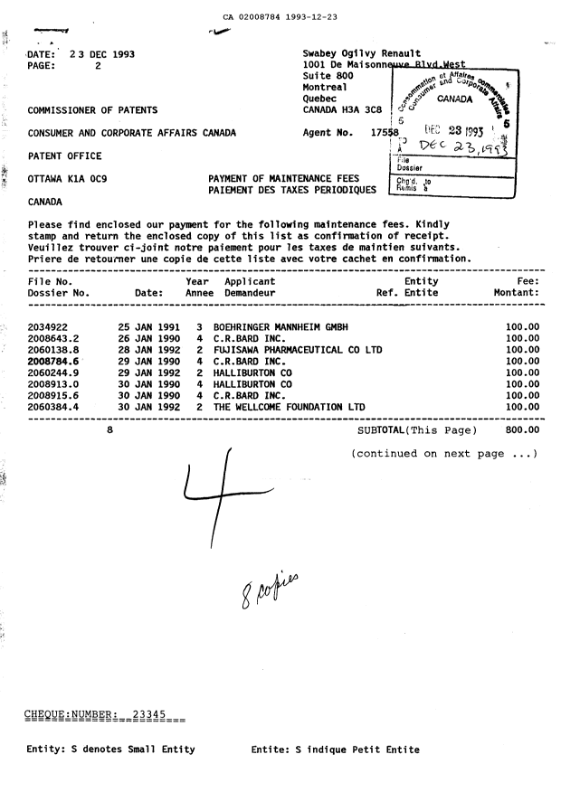 Canadian Patent Document 2008784. Fees 19931223. Image 1 of 1