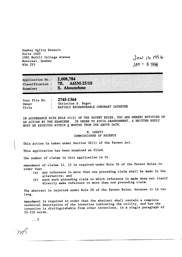 Canadian Patent Document 2008784. Prosecution-Amendment 19960116. Image 1 of 2