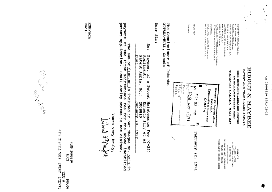 Canadian Patent Document 2008810. Fees 19910225. Image 1 of 1