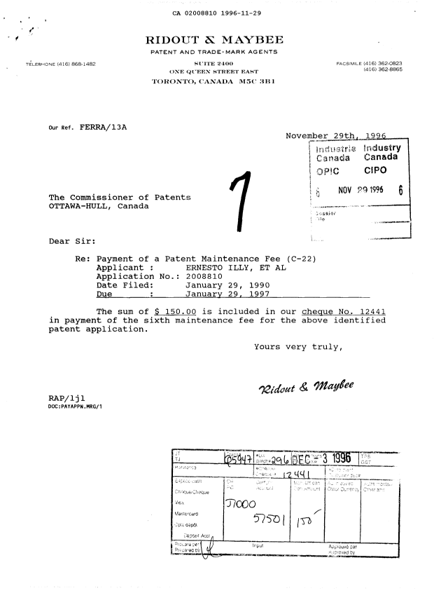 Document de brevet canadien 2008810. Taxes 19961129. Image 1 de 1