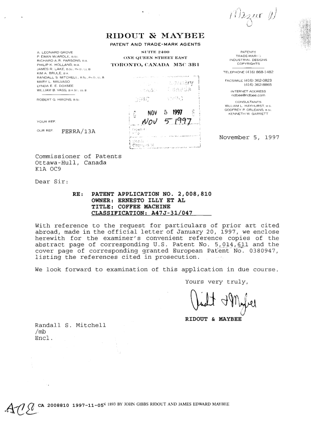 Document de brevet canadien 2008810. Correspondance de la poursuite 19971105. Image 1 de 1