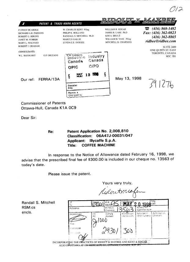 Document de brevet canadien 2008810. Correspondance 19980513. Image 1 de 1