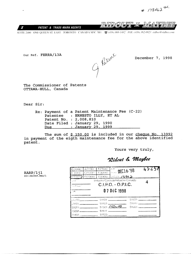 Document de brevet canadien 2008810. Taxes 19981207. Image 1 de 1