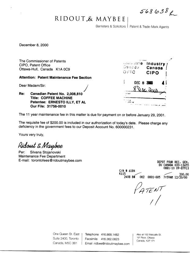 Document de brevet canadien 2008810. Taxes 20001208. Image 1 de 1