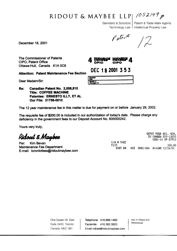 Document de brevet canadien 2008810. Taxes 20011218. Image 1 de 1
