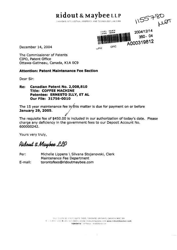 Document de brevet canadien 2008810. Taxes 20041214. Image 1 de 1