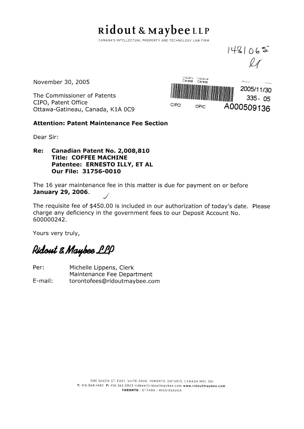 Document de brevet canadien 2008810. Taxes 20051130. Image 1 de 1