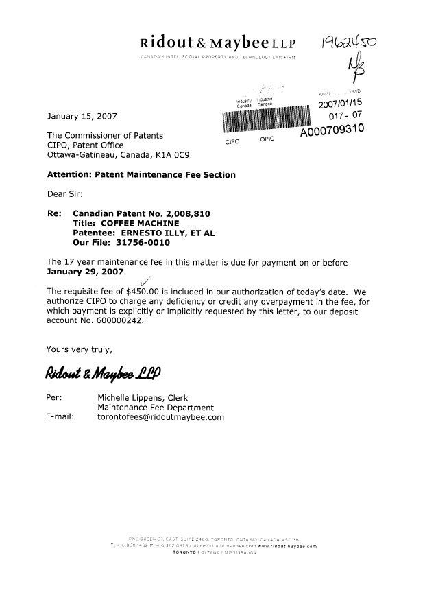 Document de brevet canadien 2008810. Taxes 20070115. Image 1 de 1