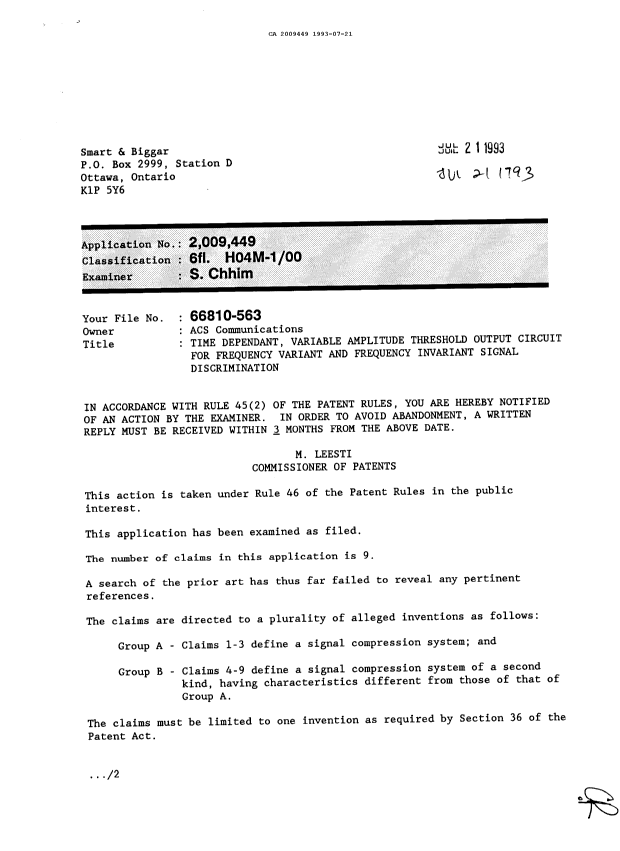 Canadian Patent Document 2009449. Examiner Requisition 19930721. Image 1 of 2