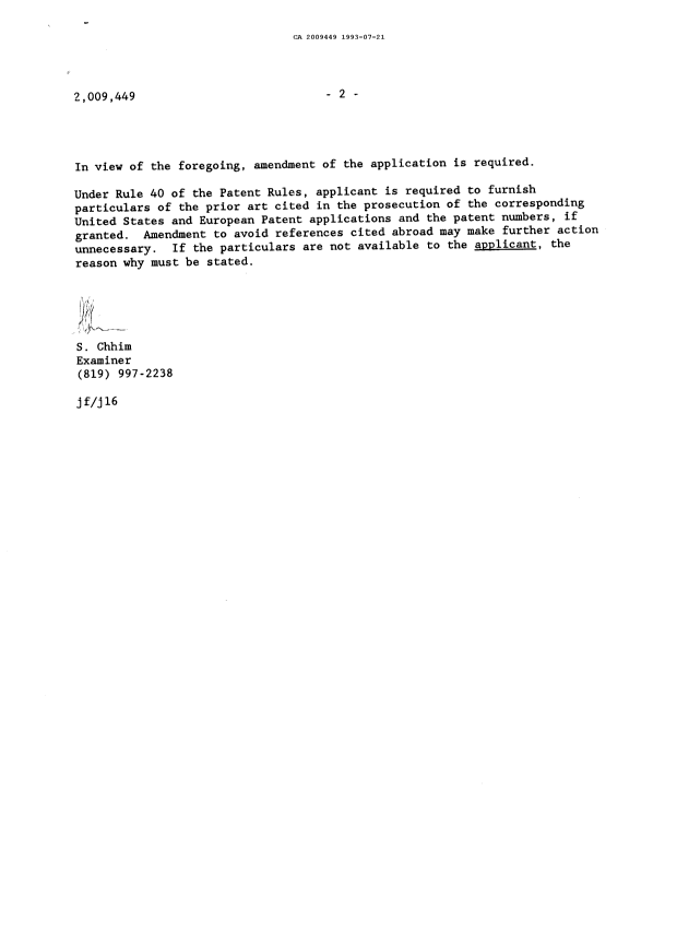 Canadian Patent Document 2009449. Examiner Requisition 19930721. Image 2 of 2