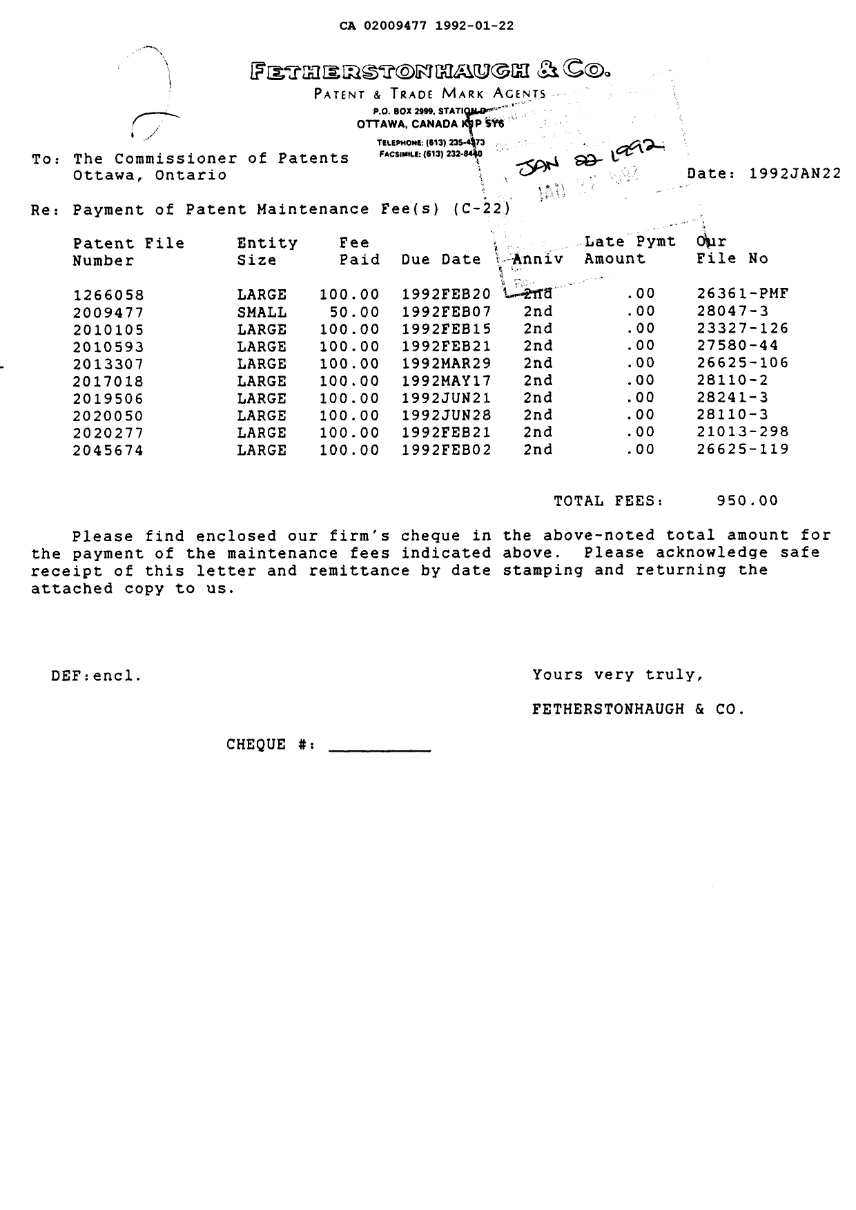 Canadian Patent Document 2009477. Fees 19911222. Image 1 of 1