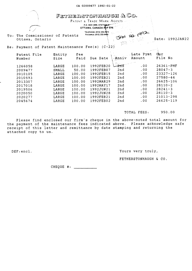 Canadian Patent Document 2009477. Fees 19920122. Image 1 of 1
