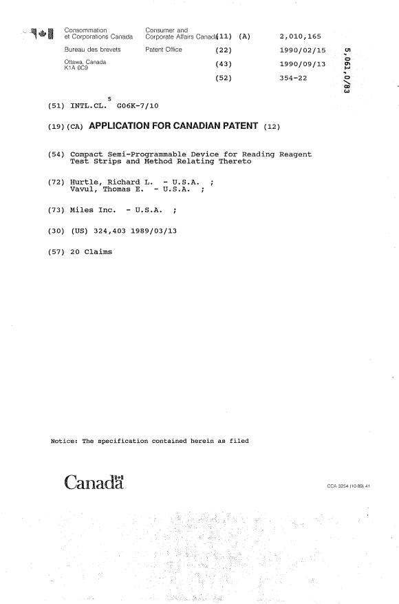 Document de brevet canadien 2010165. Page couverture 19891213. Image 1 de 1