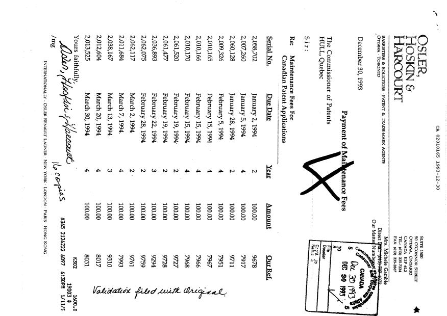 Document de brevet canadien 2010165. Taxes 19931230. Image 1 de 1