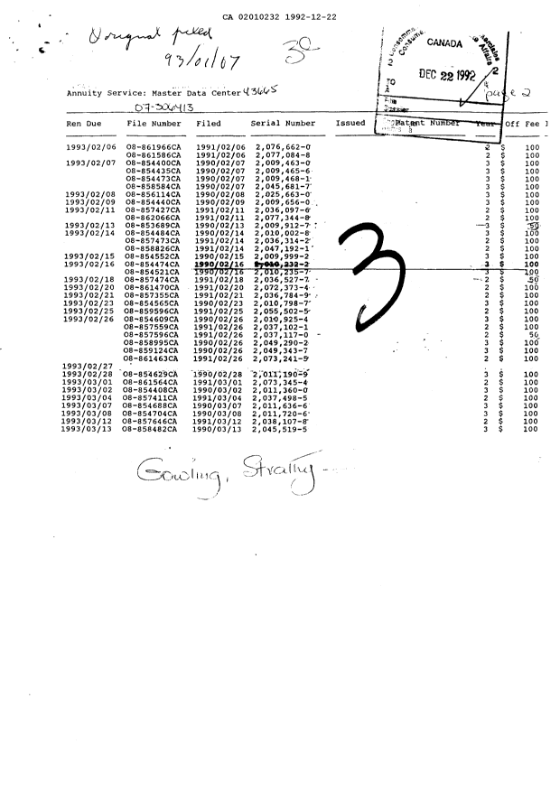 Document de brevet canadien 2010232. Taxes 19921222. Image 1 de 1
