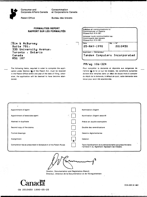 Document de brevet canadien 2010450. Lettre du bureau 19900525. Image 1 de 1