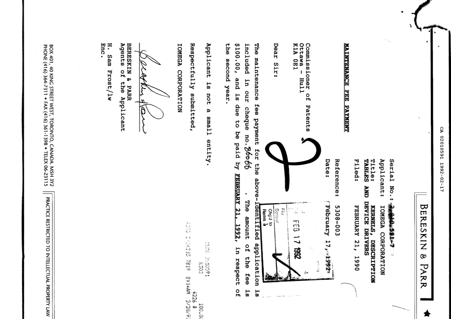 Canadian Patent Document 2010591. Fees 19920217. Image 1 of 1