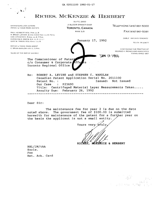 Canadian Patent Document 2011100. Fees 19911217. Image 1 of 1