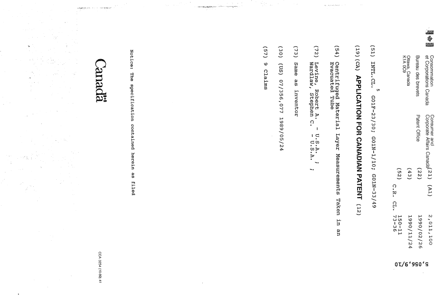 Document de brevet canadien 2011100. Page couverture 19940226. Image 1 de 1