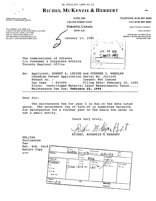 Canadian Patent Document 2011100. Fees 19941213. Image 1 of 1