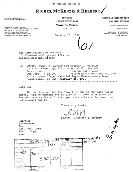 Canadian Patent Document 2011100. Fees 19951219. Image 1 of 1