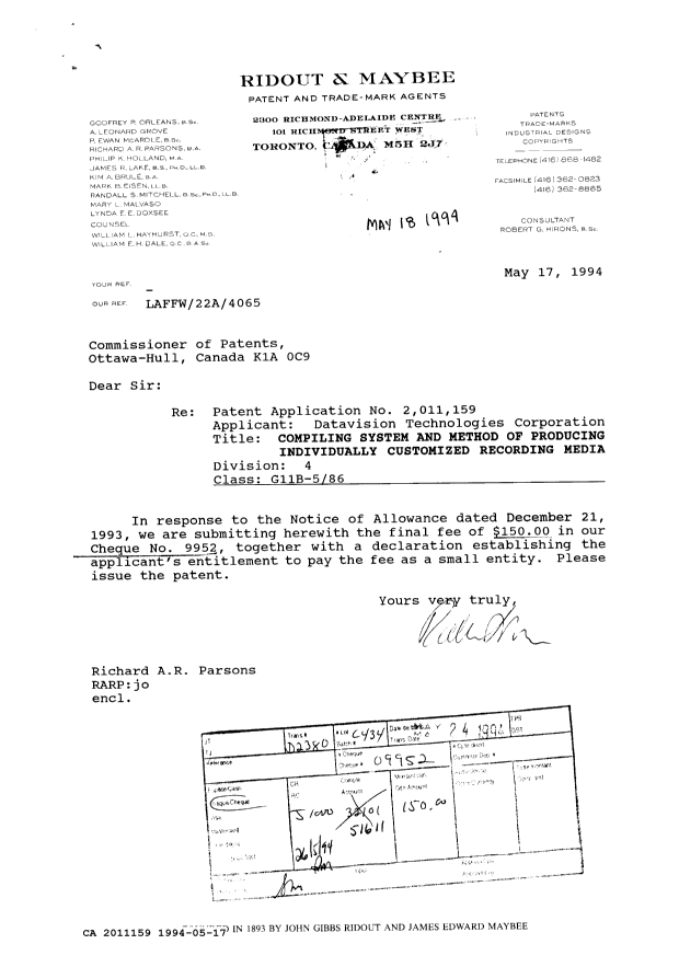 Document de brevet canadien 2011159. Correspondance reliée au PCT 19940517. Image 1 de 2