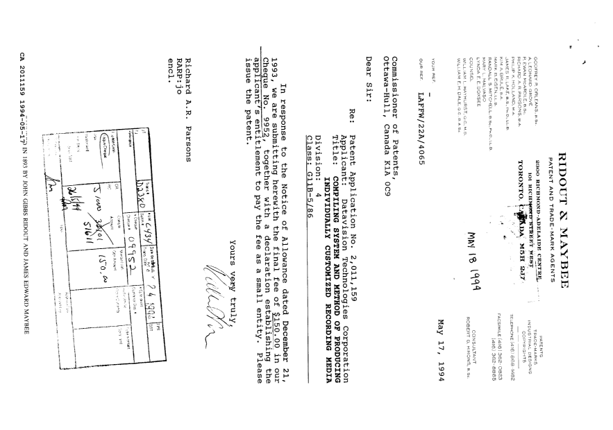 Canadian Patent Document 2011159. PCT Correspondence 19940517. Image 1 of 2