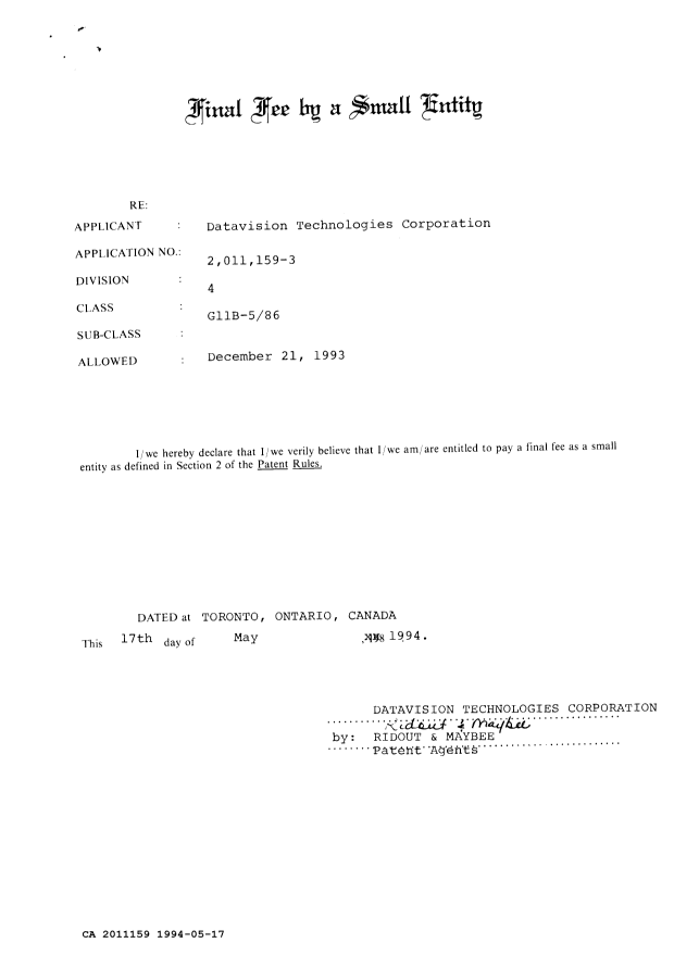 Canadian Patent Document 2011159. PCT Correspondence 19940517. Image 2 of 2