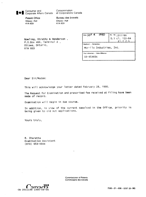Canadian Patent Document 2011198. Office Letter 19900904. Image 1 of 1