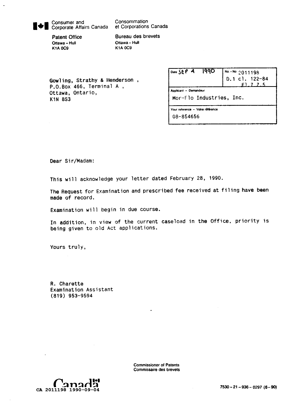Canadian Patent Document 2011198. Office Letter 19900904. Image 1 of 1
