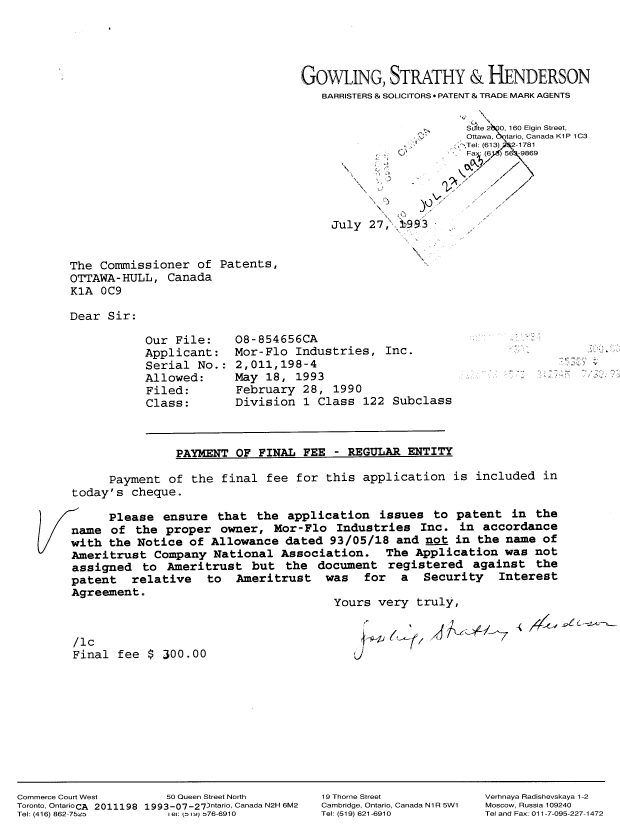 Document de brevet canadien 2011198. Correspondance reliée au PCT 19930727. Image 1 de 1