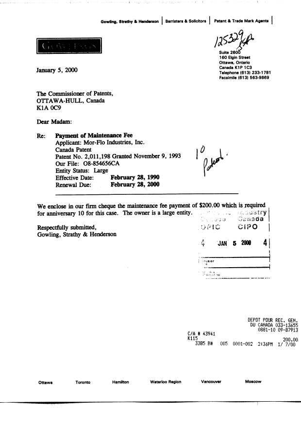 Document de brevet canadien 2011198. Taxes 20000105. Image 1 de 1