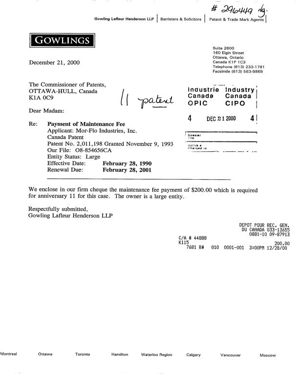 Document de brevet canadien 2011198. Taxes 20001221. Image 1 de 1