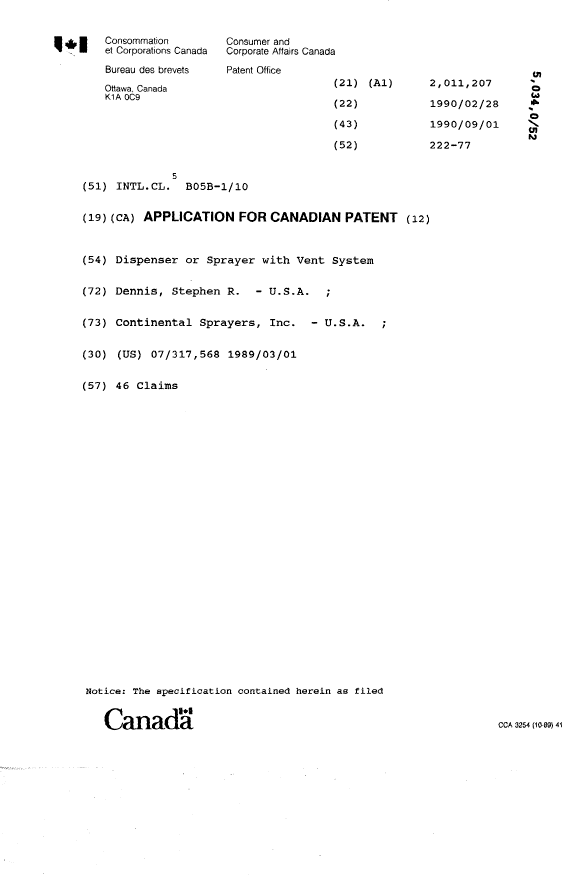 Canadian Patent Document 2011207. Cover Page 19931209. Image 1 of 1
