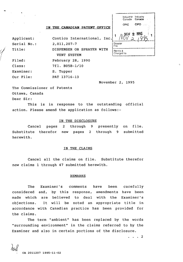 Canadian Patent Document 2011207. Prosecution-Amendment 19941202. Image 1 of 4