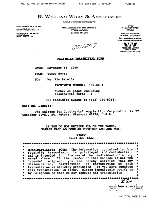 Canadian Patent Document 2011207. Assignment 19981212. Image 1 of 1